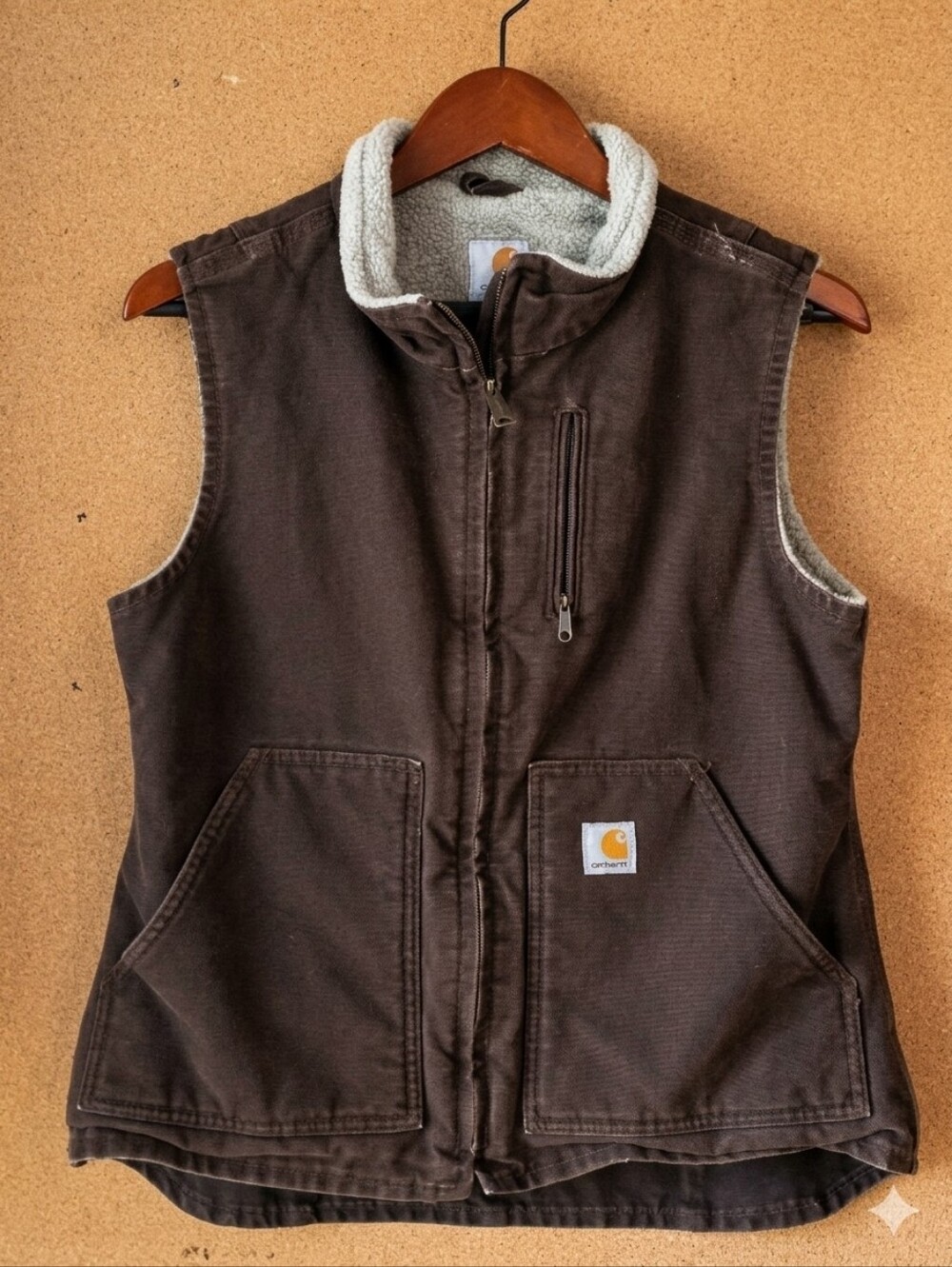 Vintage Carhartt For Women Sherpa Lined Sandstone Duck Canvas Vest Size S DKB